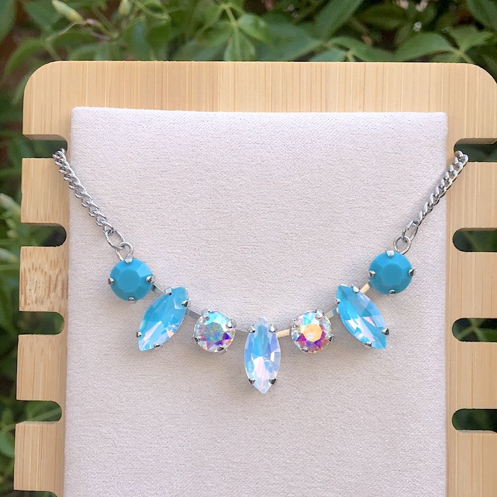Turquoise, White + Aquamarine Aurora Borealis Opal Crystal + Silver Necklace - Picture 4 of 6